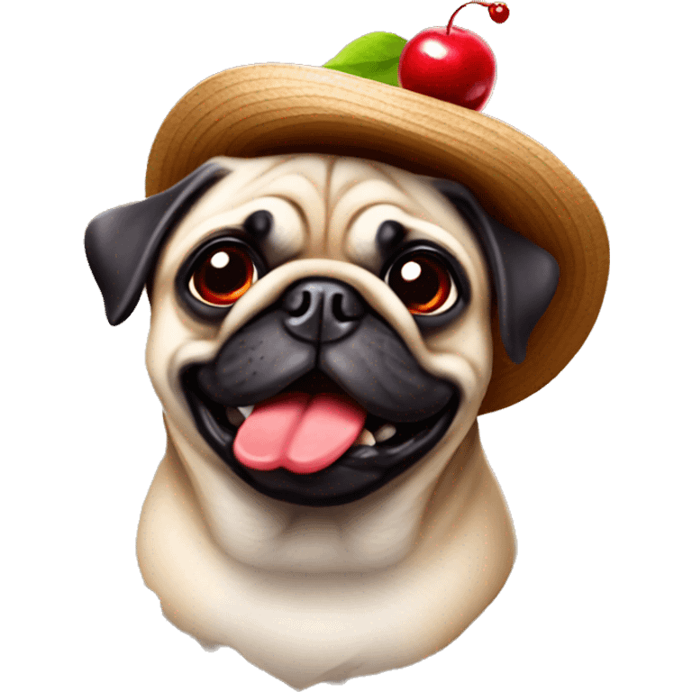 Fun pug wearing hat with cherries emoji