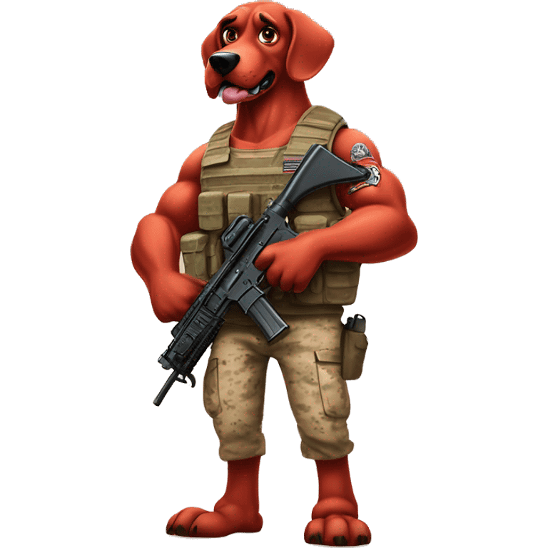 Desert storm daddy hot Clifford the big red dog muscular with tattoos on arms book illustration humanoid as a military call of duty character standing alone emoji