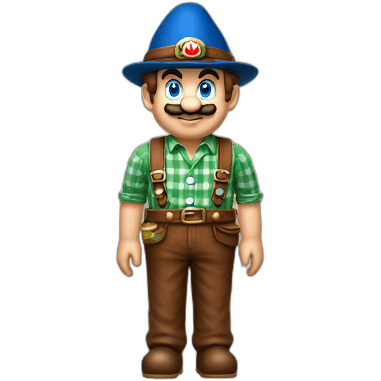 bavarian october fest visitor in super mario style. With a grean hat, blue and white shirt and brown leather pants.  emoji