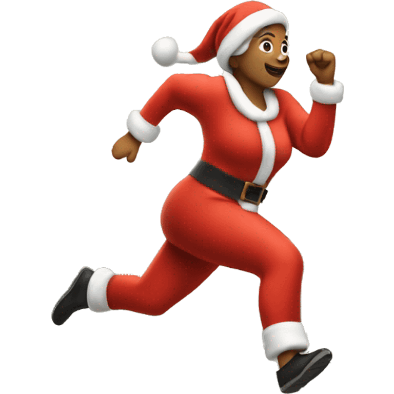 A woman running, with a large stride and arms outstretched, in a santa costume emoji