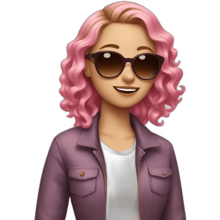 white girl with brown and pink wavy hair and sunglasses emoji