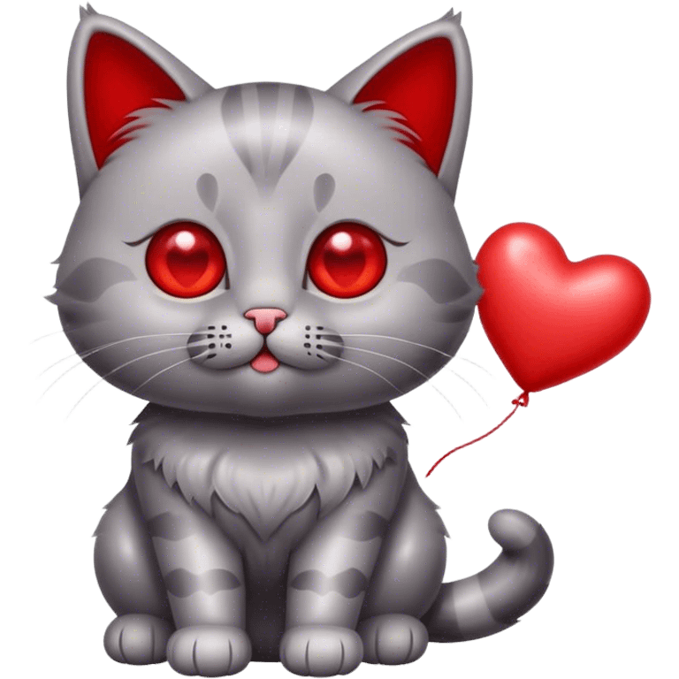 British cat holding a metallic red and heart-shaped balloon emoji