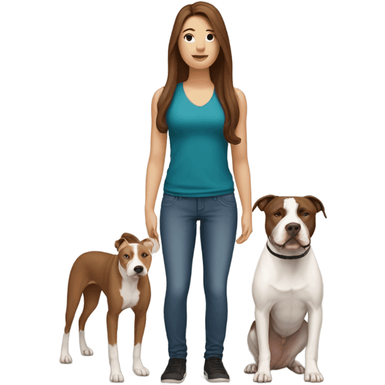 white woman with straight long brown hair standing alongside a white pitbull emoji