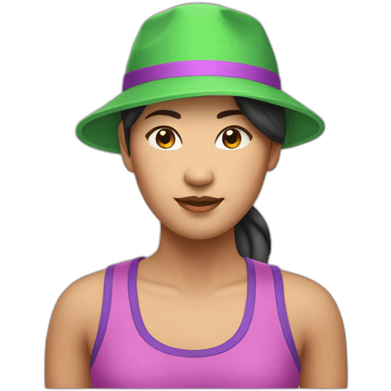 asian woman, green hat backwards, pink and purple singlet emoji