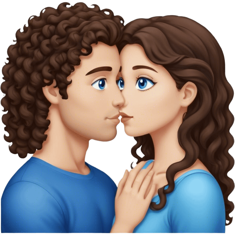 Caucasian guy with Curly brown hair and brown eyes kisses a beauty brunette with long straight hair and blue eyes emoji