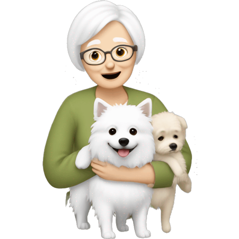 grandma with blonde short hair hugs a white spitz dog emoji