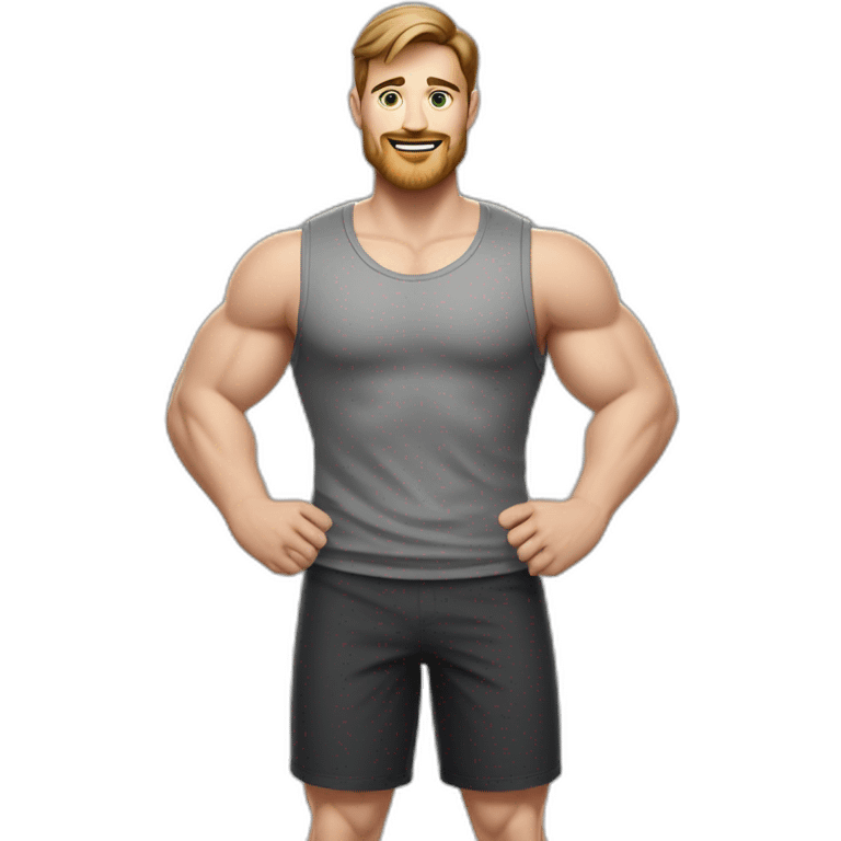 Full height realistic Actively gesturing with hands Pale skinned Fit Man With the biceps and brown hair in dark gray Sleeveless Mike, black oversize sports shorts, watch and white Sneakers emoji