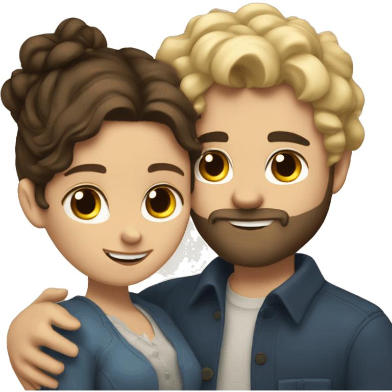 Brunette girl with wavy hair hugging blond boy whit a beard lovingly couple emoji