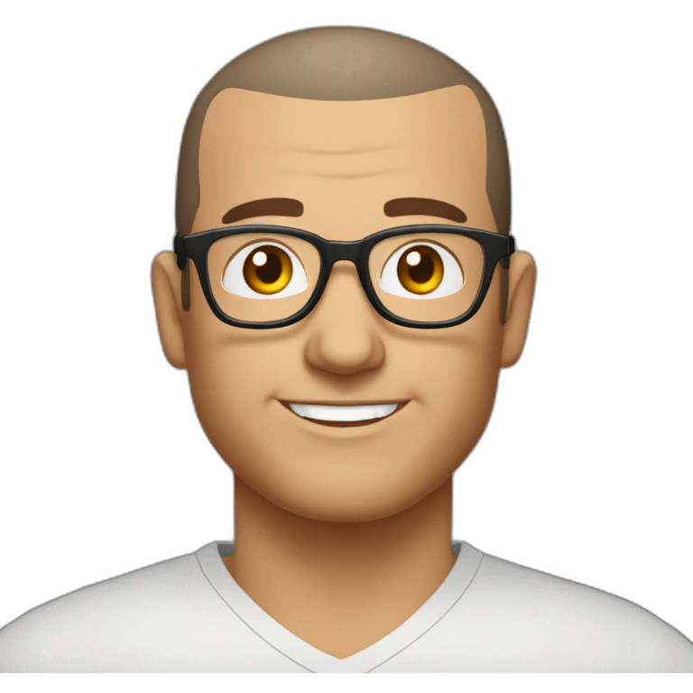 Middle age man with buzz cut salt and pepper dark hair, thick frame glasses, with a round face and broad smile, wearing a v-neck t-shirt emoji