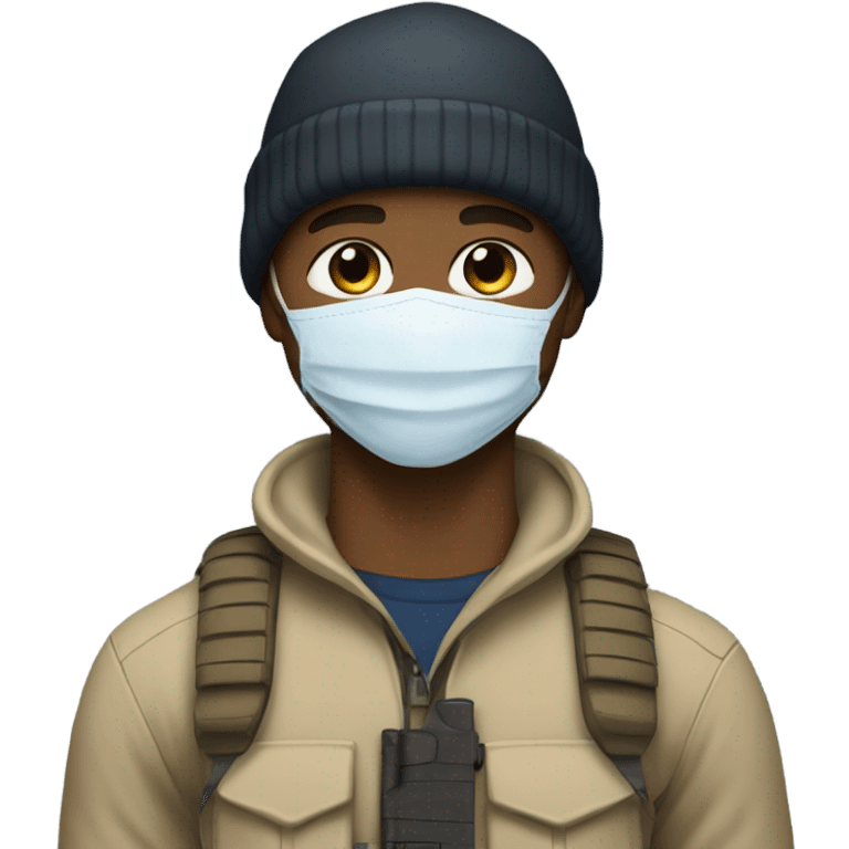 White male, face mask, tan tactical gear, tan pants, combat boots, black beanie, blue eyes emoji