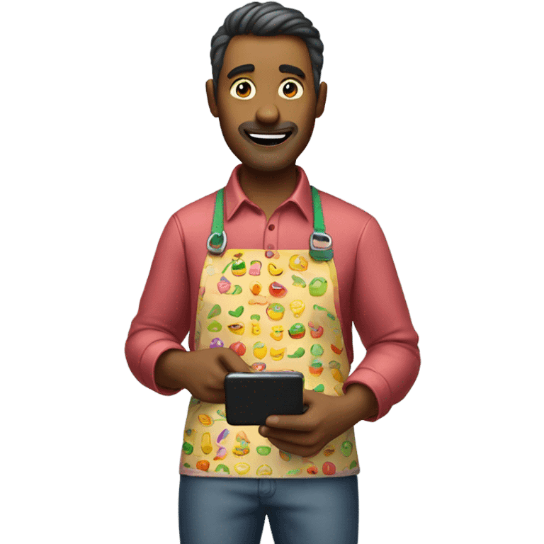 guy wearing apron scrolling through phone emoji