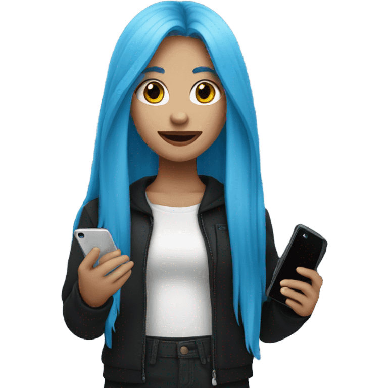 white skin girl with long blue hair in black clothes holding a phone emoji