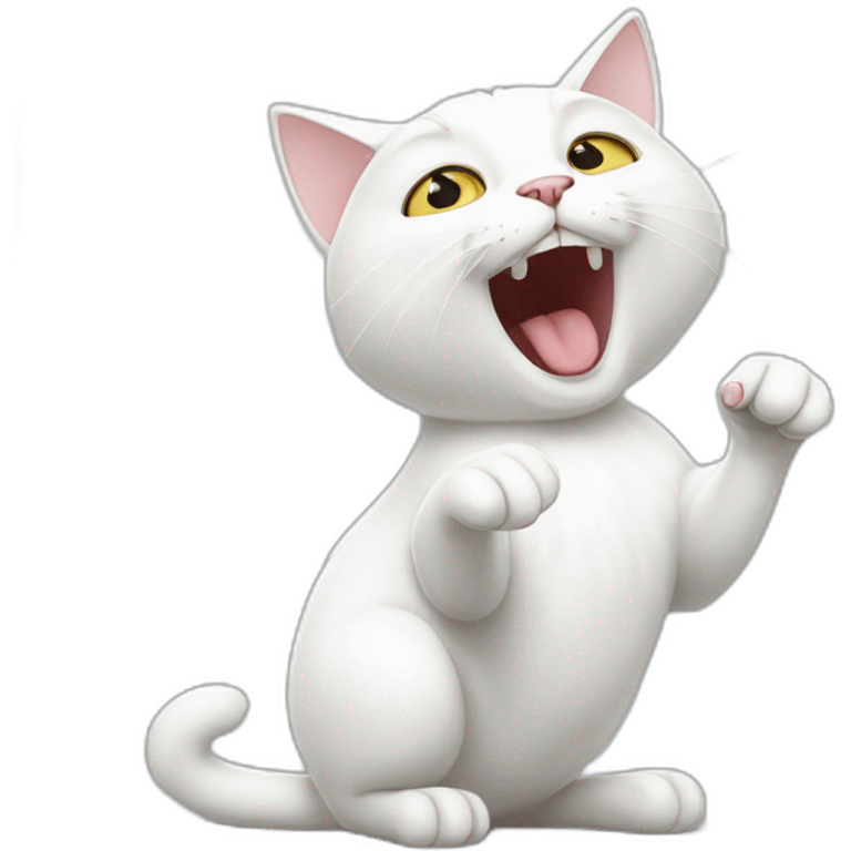 white cat that opens its mouth wide and points its paw towards its mouth emoji