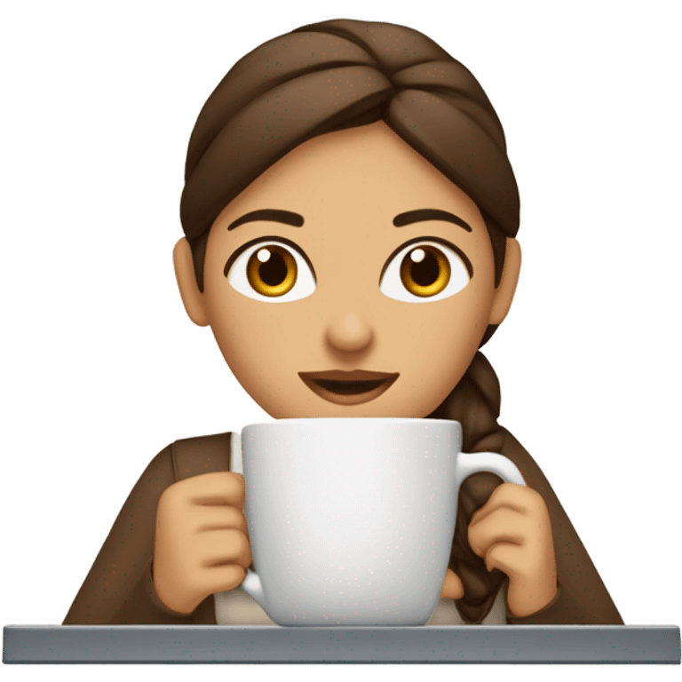 MUJER JOVEN DE PIEL BLANCA, OJOS MARRONES CLAROS, PELO MARRON Y LARGO TRABAJANDO CON CUMPUTADORA Y TIENE UN CAFE O AGUA emoji