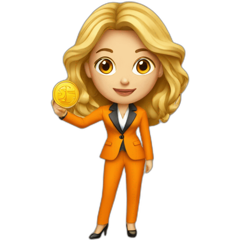 Posh-woman-with-orange-suit-holding-golden-coins emoji