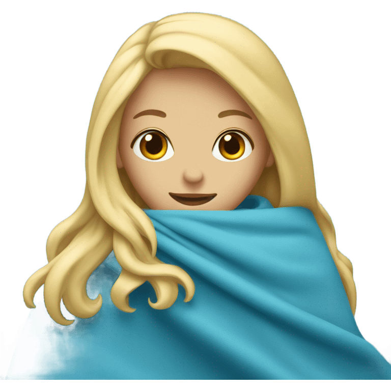 A blonde girl is covered with a blue blanket emoji