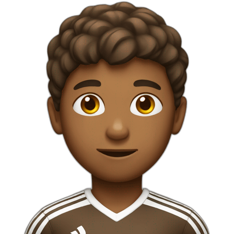 brown boy wearing soccer outfit with a football in his hand emoji