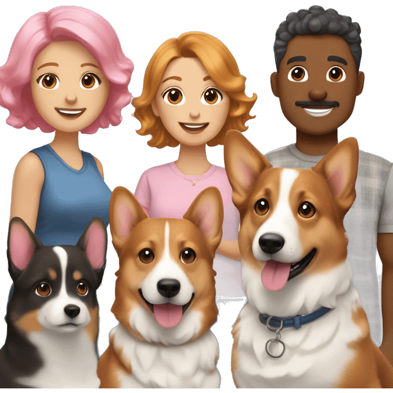 Family: woman with pink bob hair, man curly taup hair, brindle corgi catdigan and trindle corgi pembroke emoji