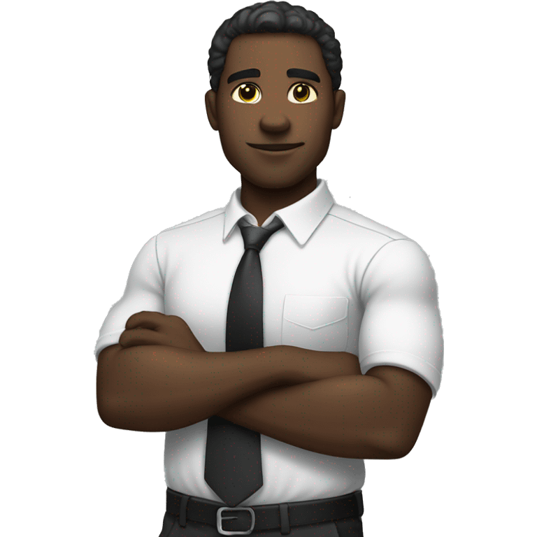 a mid muscular black guy wearing a white shirt with a tie crossing his arms. emoji