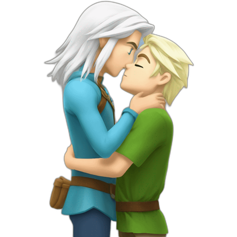 Link from the legend of zelda kissing à boy with White hair and blue eyes emoji