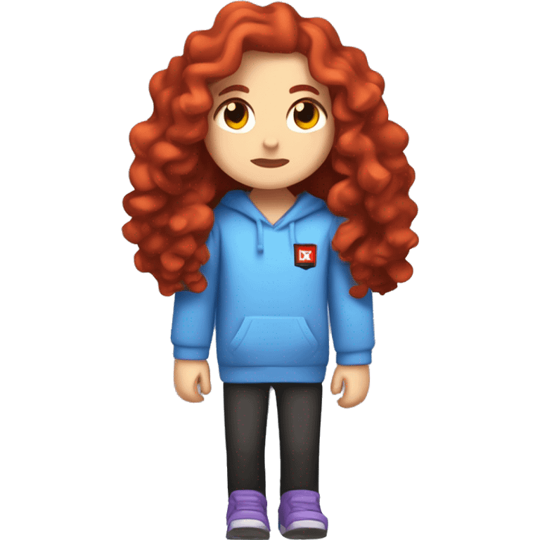 a white girl with long red curly hair, wearing periwinkle Minecraft hoodie playing a videogame emoji