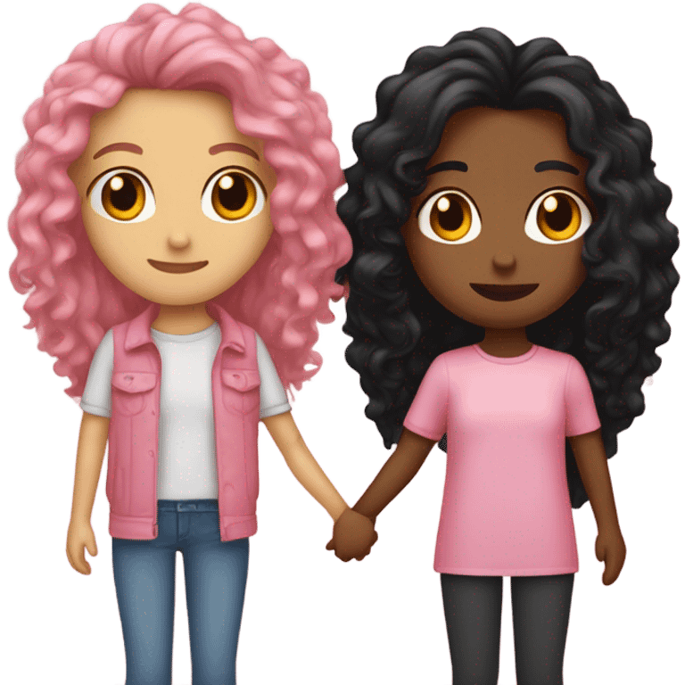 two best friends holding hands , both tan skin. One long black straight hair the other long curly hair. clothing pink for both  emoji