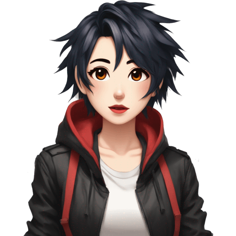 Gorgeous anime style tomboy-lady with blushing face aesthetic and pretty edgy black red punk hair with hair garment trending style emoji