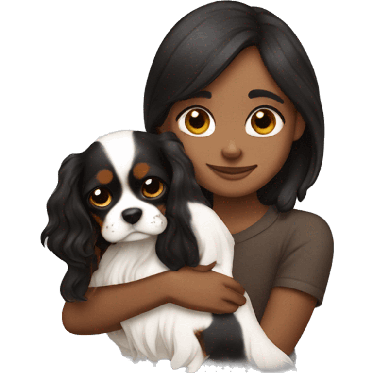 cute girl hugging two black and brown cavalier king charles spaniel  emoji