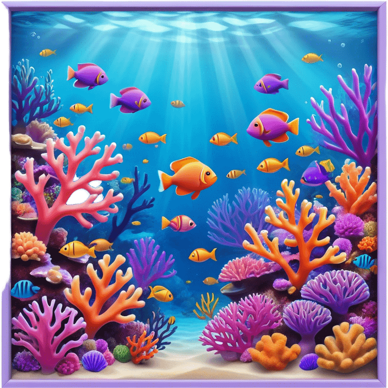 Cinematic Realistic Coral Reef Emoji in a wooden frame, Vibrant and alive, with colorful corals in hues of pink, purple, and orange, swaying gently with the underwater currents. Schools of tropical fish dart between the coral, with soft rays of sunlight piercing through the clear blue water above, creating a magical, serene underwater world. Soft glowing outline, capturing the essence of the bustling, colorful, and peaceful aquatic paradise. emoji