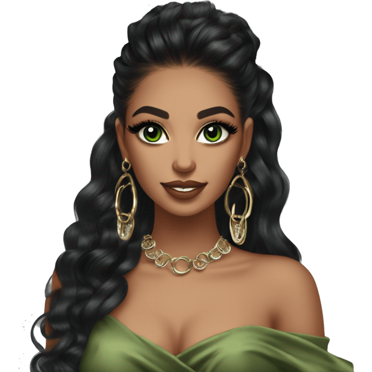 Glamorous, streetwear or cocktail dress, black balayage hair, half up half down hair, olive skin, green almond eyes, winged eyeliner with big lashes, wearing hooped earrings, rings and bracelets  emoji