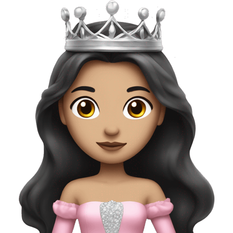 princess with black long hair, pink gown, silver crown, white skin emoji