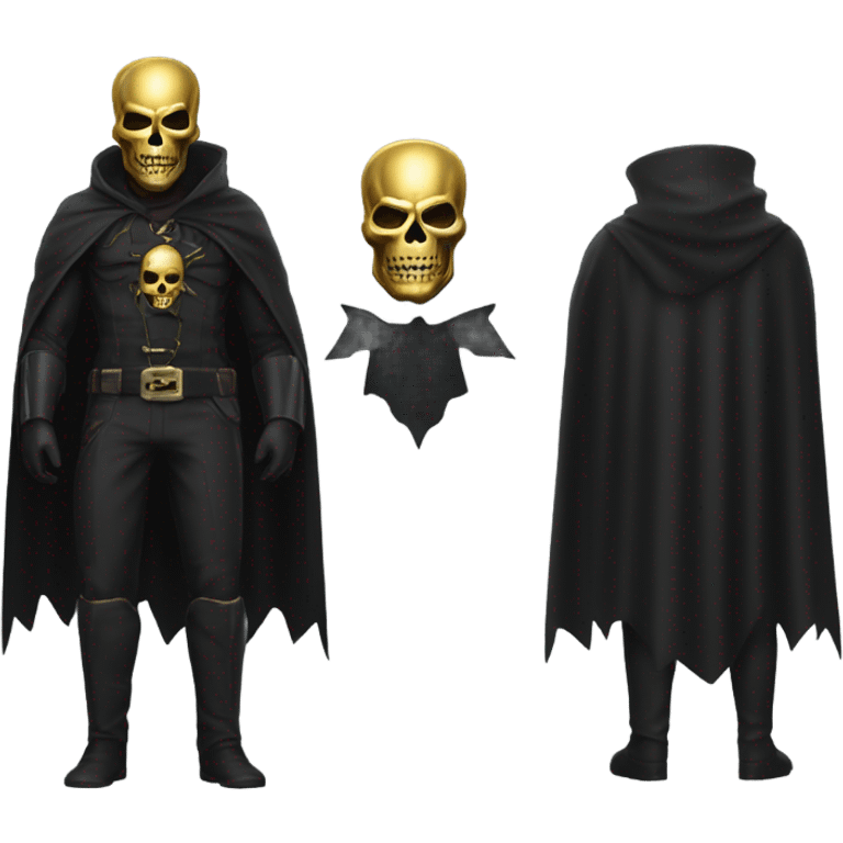 Bounty Hunter Boss with black cape and a half of gold skull mask from death Stranding, full body view emoji