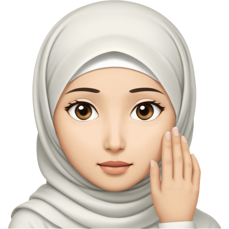 a white asian Muslim woman are thinking something. Her eyes rolling to up right. Her hand touching face. emoji