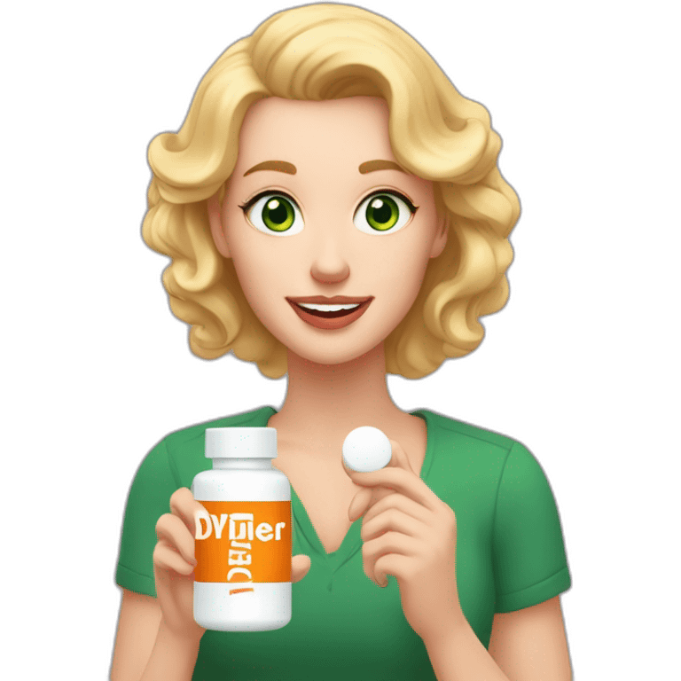 White woman with green eyes, ligth pink lips,pronunciate checks,  blond semi curly hair, big teeth,  holding a white pill bottle in hand with a label that says diviher in orange letters emoji