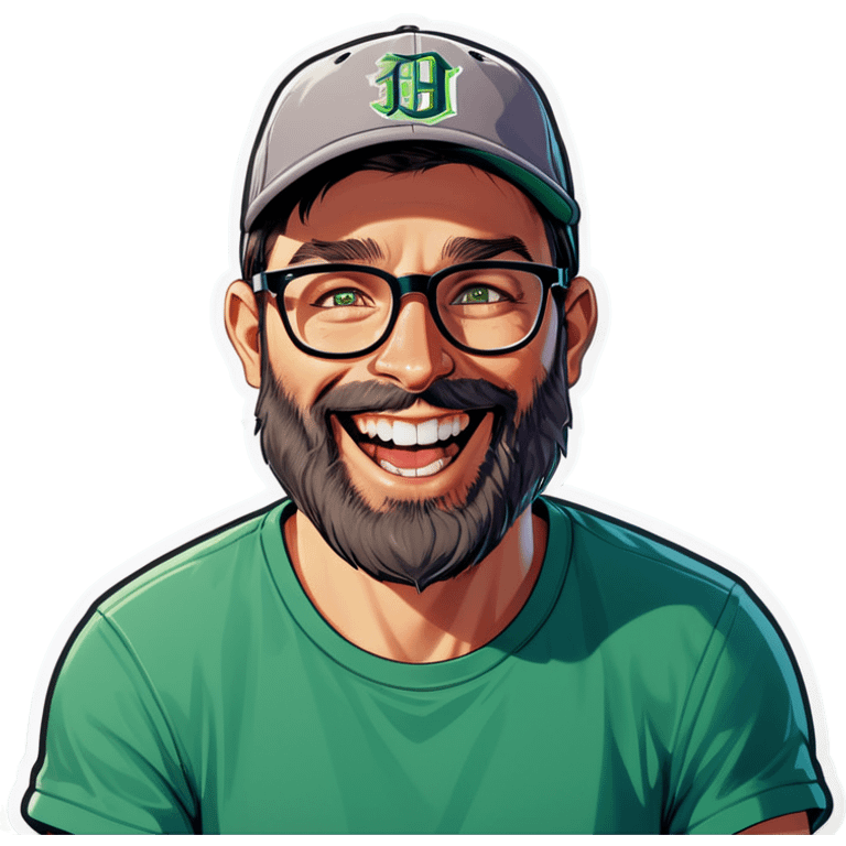 A man with a grey baseball cap, green eyes, big dark brown beard and glasses, laughing emoji