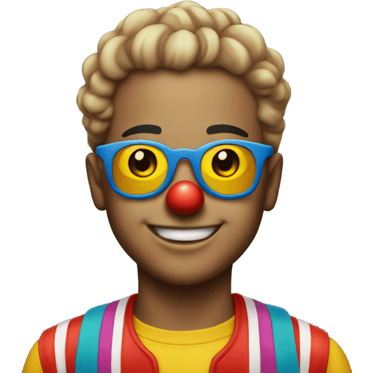 smiling boy with sunglasses outdoors dressed as clown emoji