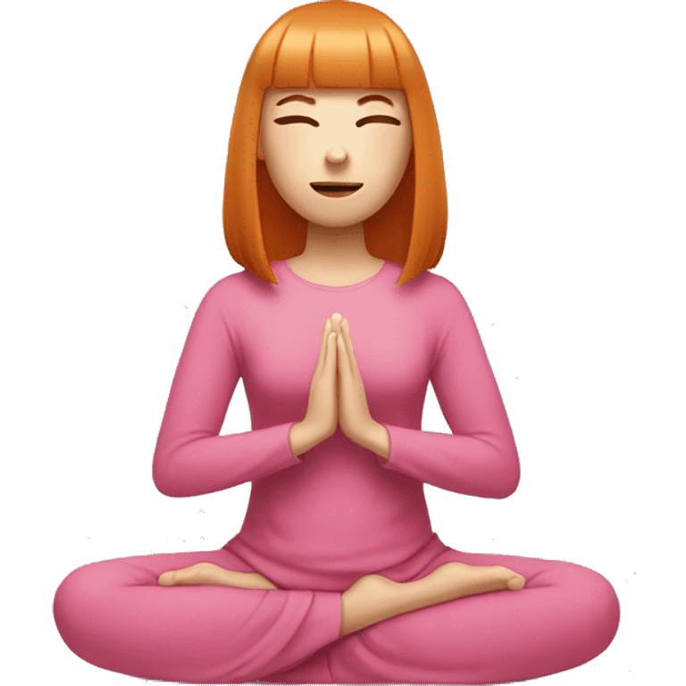 ginger girl, white face, with shoulder lenght straight hair with bangs wearing pink sitting in meditation emoji