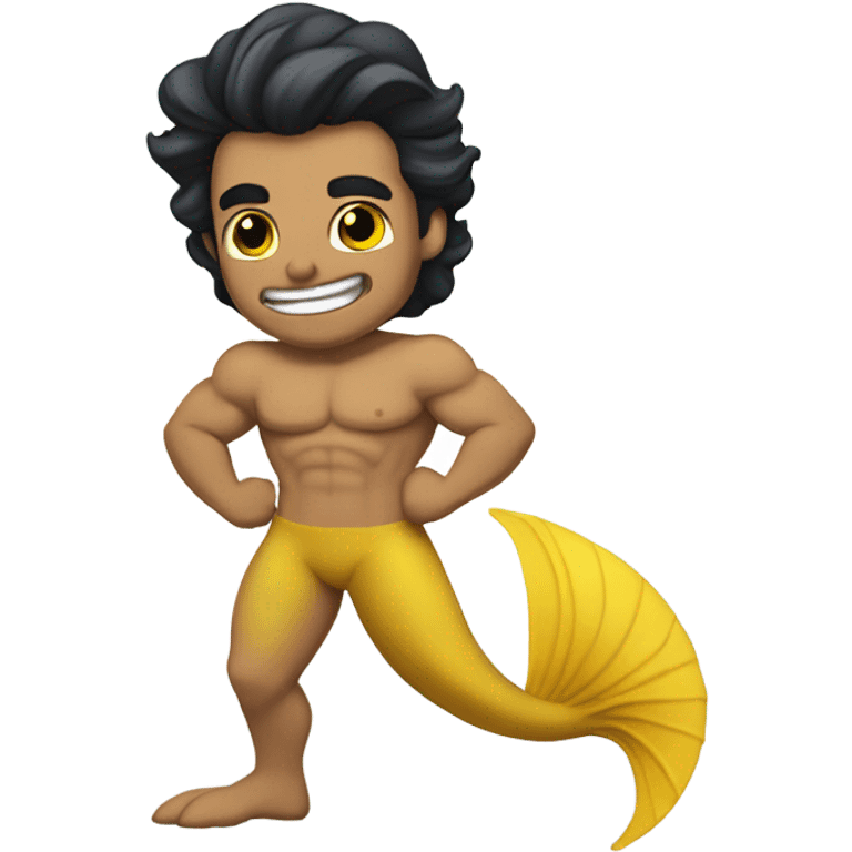 Tan muscular merman with yellow mermaid tail, dark hair and stubble  emoji