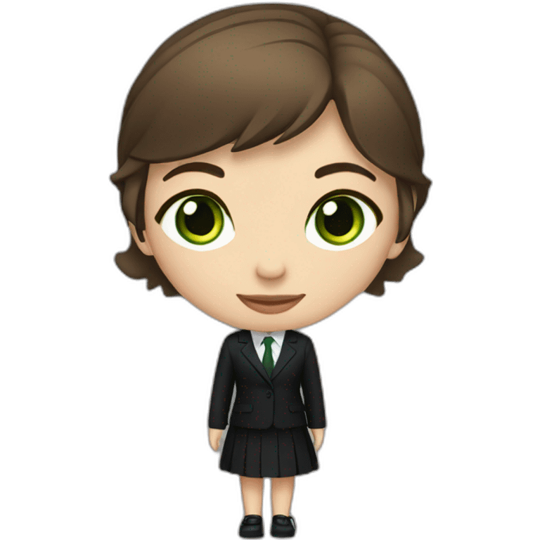 a girl with short brown hair and green eyes and a black suit and black pants with blue shoes emoji