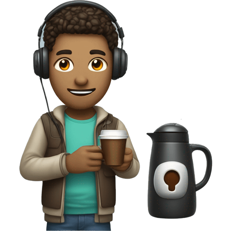 gamer with a headset holding a mouse in one hand and a coffee pot in the other emoji