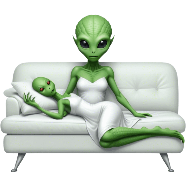 hyper-realistic reptilian green alien woman, in white dress, lie on couch comfy, full figure emoji