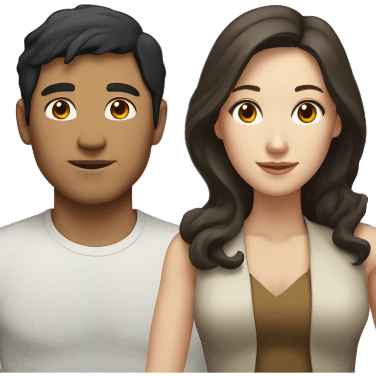 A pale half Asian man with short dark hair and white woman with long wavy brunette hair dancing together emoji