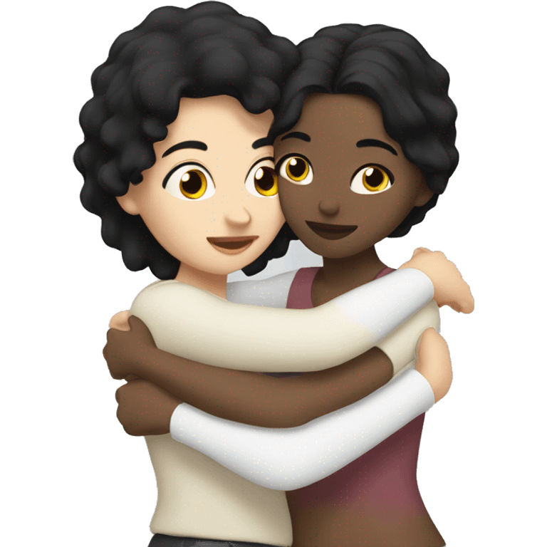 Lesbians with black hair and white skin hugging passionately emoji