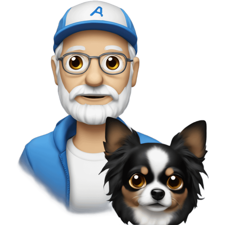 Old man with ‘blue eyes’ goatee beard ball cap holding black long haired chihuahua emoji