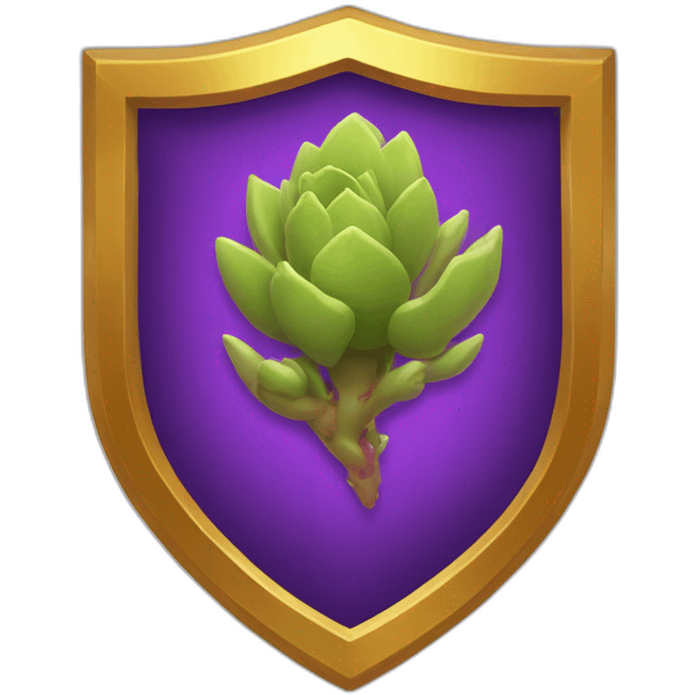 purple shield with a gold border and a sprouting gold and red succulent at the centre emoji