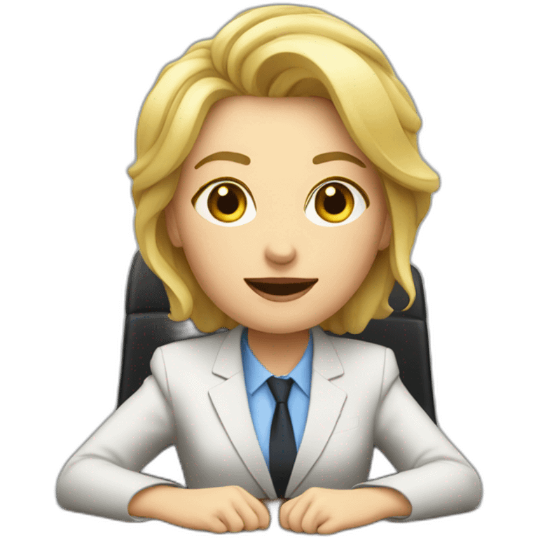 Blonde white woman wearing a suit sitting on the table telling the news towards the camera emoji