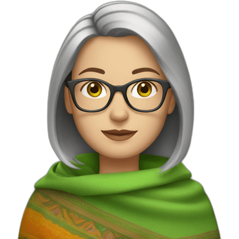 white-woman-with-gray-short-bob-green-eyes-and-brown-glasses-wearing-colorful-shawl emoji