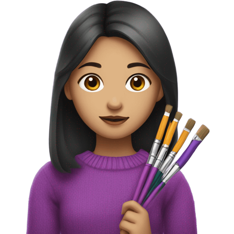 Half Asian girl in bright purple sweater holding paintbrushes and pencils emoji