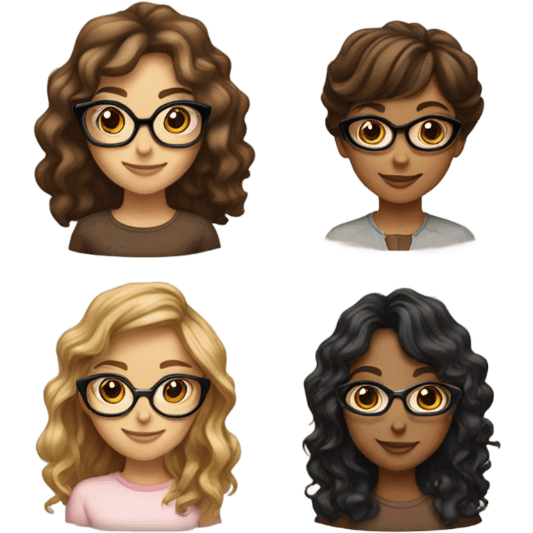 Four girls: one with dark curly hair, bangs, and black glasses; one with wavy brown hair and blonde highlights; one with straight dark brown hair and caramel highlights; and one with wavy brown hair. emoji