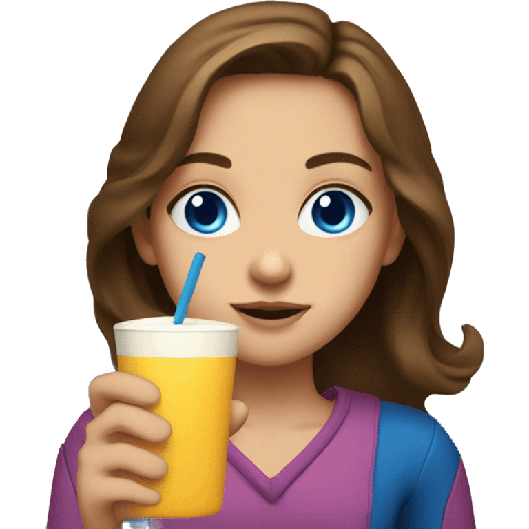 Girl with brown hair and blue eyes drinks a match  emoji